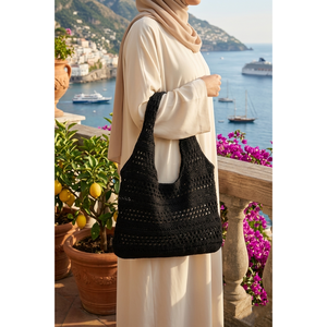 Black Bohemian Vintage Leather <b>Straw</b> Knitted <b>Bag</b> for Summer Beach Everyday Single Handle Geometric Pattern Open Pearl Flower - Product Image 1