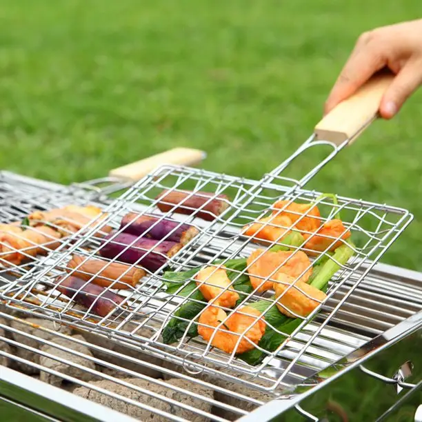 Cesta de grelha de peixe em aço inoxidável, suporte com alça, acessórios para churrasco e cozinha ao ar livre, tong e acampamento
