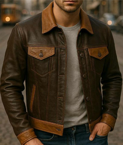 Veste en cuir pour homme, col montant, logo sur le devant, vêtement d'extérieur décontracté d'hiver, surface respirante et lisse, design contemporain - Product Image 2