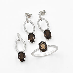 Boucles d'oreilles pendantes en argent sterling 925 plaqué or, pierre précieuse naturelle fumée de forme ovale, cadeau de fiançailles, anniversaire - Product Image 1