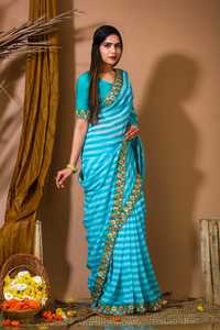 Moderne Indien Sari Pur Georgette Numérique Imprimé Lourd Dentelle Papier Broderie Mariages Fêtes Pakistanais Conception Dames - Product Image 3