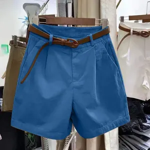 Cotton Shorts for Women Summer New Korean Fashion Loose Casual Wide Leg Short with Belt Female Solid <b>White</b> Women's Short Pants - Product Image 6