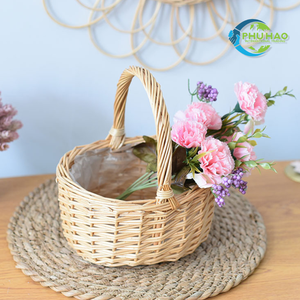 Handmade Rattan Woven FLOWER BASKET Vintage Flower Basket Easter <b>Egg</b> Gift Picnic Basket for Kids with Handle From Vietnam - Product Image 2