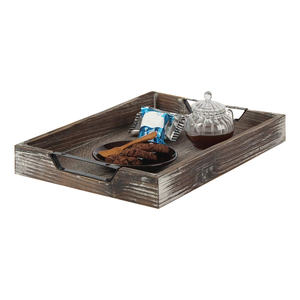 Plateau décoratif en bois brûlé blanc lavage plateau de service en bois de pin avec poignée en métal prix de gros de qualité supérieure - Product Image 3