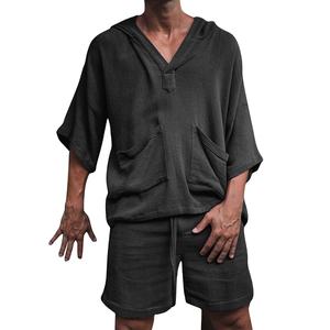 Ensemble deux pièces en coton et lin pour hommes, sweat-shirts à capuche, ensembles courts, couleur unie, vêtements de sport décontractés, vacances, 2026, coton respirant - Product Image 4