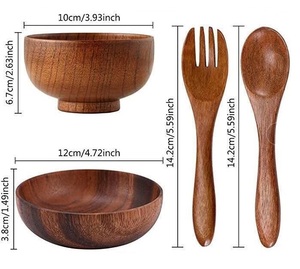 Juego de Vajilla de Madera de Acacia de 4 Piezas - Juego de Tazón, Cuchara y Tenedor de Madera Natural - Juego de Vajilla Ecológico para Ensalada y Sopa - Product Image 3