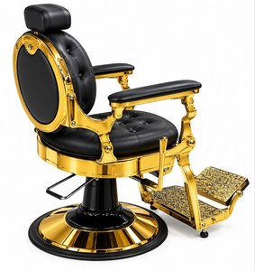 <b>Vintage</b> Gold Metal Adjustable Barber <b>Chair</b> with Black Tufted Leather for Industrial Barber Shop - Product Image 4