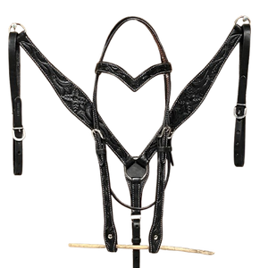 Conjunto de arreos para caballo de cuero negro con adornos florales, cabezada y pechera estilo western, tallas completo/cob, equipo ecuestre duradero, personalizado - Product Image 1