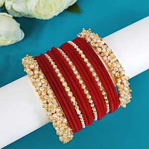 Conjunto de joyas de brazaletes de terciopelo de cristal con cuentas de perlas de imitación nupcial para mujer, Rojo - Product Image 2