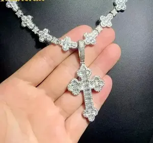 925 Sterling Silver Men's Christian Religious <b>Cross</b> Pendant with 3 Ct Natural Round Moissanite Baguette 15g - Product Image 3