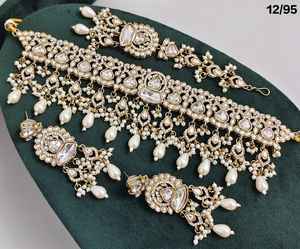Magnifique collier indien en Kundan véritable de qualité supérieure en forme de larme avec boucles d'oreilles, ensemble de bijoux de mariage pour femmes - Product Image 2