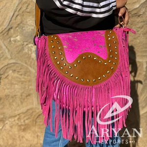 Nouveaux cheveux sur rose métallique daim cuir frange peau de vache croissant sacs à main femmes à la mode vente chaude en forme de baril sac à bandoulière - Product Image 1