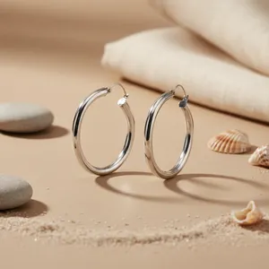 Aretes de Aro Redondos Simples de Acero Inoxidable Plateado en Plata de Ley para Mujer, Accesorios de Moda para Fiestas - Product Image 1