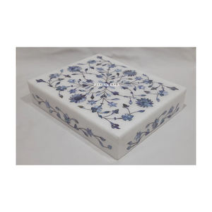 White Marble <b>Blue</b> Mother Of Pearl Inlay <b>Jewellery</b> Box Handmade Floral Design Rectangle Shape Used For Necklace Packing And Gifts - Product Image 2