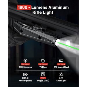 Lampe torche sportive EZshoot 1600 lumens LED avec laser vert, combo en aluminium anodisé, projecteur cylindrique pour sports AR - Product Image 2