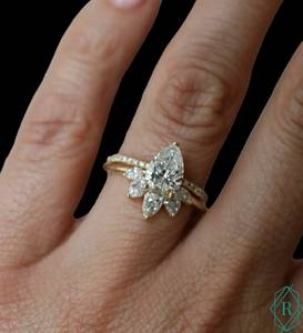 ชุดแหวนหมั้นเพชรที่ปลูกในห้องปฏิบัติการตัดลูกแพร์,แหวนแต่งงานเพชรสไตล์วินเทจ - Product Image 4