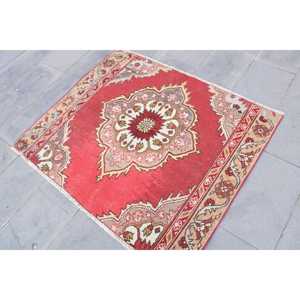 Vintage 4.4x3.6 ft Rug, Turkish Rug, <b>Red</b> Solid <b>Wool</b> Rug - Product Image 3