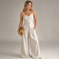 Ensemble tailleur-veste blazer mode femme, pantalon large taille haute en crêpe, col en V boutonné, poches, été, deux pièces