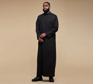 현대 이슬람 착용 남성용 블랙 토브-클래식 스탠드 칼라 디자인 풀 슬리브 편안한 코튼 토브 주바