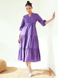 Holiday Boho Summer <b>Dress</b> <b>Plus</b> <b>Size</b> <b>Purple</b> Midi Length with Belt 100% Cotton Maxi <b>Dress</b> Natural Waistline Solid Pattern - Product Image 6