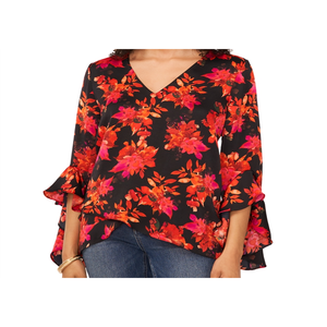 Top in chiffon nero stampato con scollo a V e orlo a strati di Vince Camuto - Product Image 5