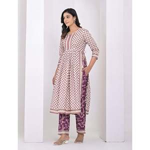Conjunto de Salwar Kameez y Pantalón de Algodón con Estampado de Bloques en Blanco y Morado - Product Image 6