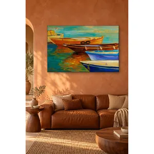 Impression sur toile de bateaux colorés dans une eau turquoise, style peinture à l'huile Fida - Product Image 2