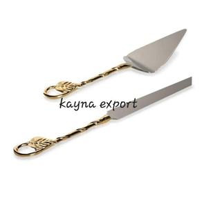 Cuchillo para Pastel de Bodas con Mango de Latón en Forma de Hoja, Acero Inoxidable de Alta Calidad, Diseño Artesanal, Mango de Cubertería de Metal 304 - Product Image 3