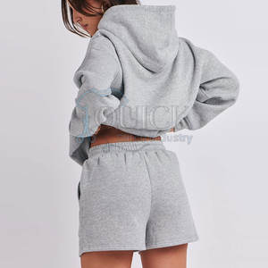 Couleur unie 100% coton tricot décontracté femmes sweats à capuche ensemble court Design personnalisé Streetwear coupe régulière - Product Image 3