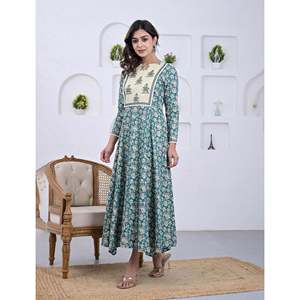 Cotton Firozi <b>Block</b> <b>Printed</b> Indian Salwar Kameez Pakistani Styled Anarkali Dress in Georgette Material Stitched Clothing - Product Image 4