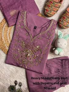 Conjunto de Kurta, Pantalón y Dupatta de Muselina de Seda y Viscosa, Sólido, Transpirable, Recto, para Mujer, Estilo Étnico, Bordado, Tallas M a XXL, Verano - Product Image 3