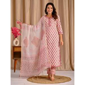 ชุดคุर्ตาผ้าฝ้ายพิมพ์ลายบัตต้าสีขาวชมพูแบบลำลอง แขนสามส่วน สำหรับฤดูใบไม้ผลิ/ฤดูร้อน - Product Image 5