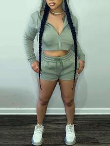 Conjunto de pantalones cortos con capucha para mujer, conjunto informal de moda de primavera y verano, conjunto de pantalones cortos de 2 piezas de Color sólido para mujer - Product Image 5