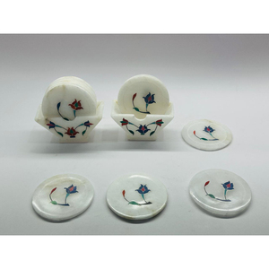 Ensemble de dessous-de-verre en marbre blanc Makrana poli de qualité supérieure, travail d'incrustation, 6 pièces, tapis et coussinets de table, fabricant indien - Product Image 1