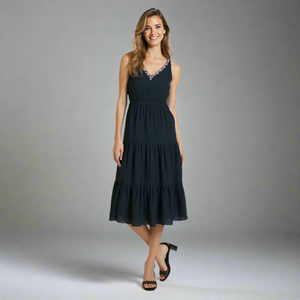 Vestido Midi Casual Elegante para Mujer con Bordado, Mezcla de Lino Artesanal, Diseño Calado, Transpirable, Cintura Elástica Baja, Talla XS, para el Día a Día - Product Image 1