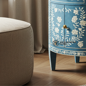 Chevet moderne fait main en os bleu incrusté à trois tiroirs avec motif floral pour meubles de chambre à coucher - Product Image 6
