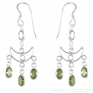 Boucles d'oreilles pendantes en argent 925 plaqué argent pour femmes, forme de lune, avec cristaux verts sertis clos, style bohème, pour tous les jours - Product Image 3