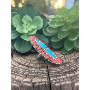 Navajo Stormy Mountain <b>Turquoise</b> & Natural Coral Everyday Wear Sterling Silver <b>Ring</b> Size 8 - Product Image 4