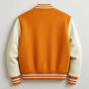 Chaqueta Varsity Naranja para Hombre con Mangas de Cuero Blanco, Cuello Camisero, Cierre de Botones, Estilo Preppy, Corte Regular, para Otoño - Product Image 2