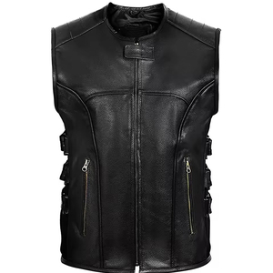 Gilet de motard en cuir véritable pour homme, coupe confortable, col rond, sans manches, coupe-vent, fermeture éclair, couleur unie, vêtement d'extérieur pour l'automne - Product Image 1