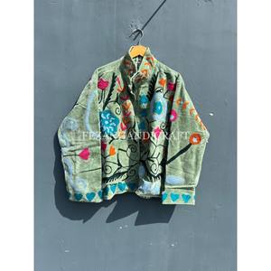 Uzbek Floral Embroidery Jacket Light Green Velvet Jacket With Stand Collar Cotton Lining for Autumn and Winter Unisex Jacket - Product Image 1