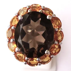 Big Gemstone Smoky Quartz Citrine Kết Hợp Nhẫn Bạc Sterling 925, Trang Sức Bạc Bán Buôn