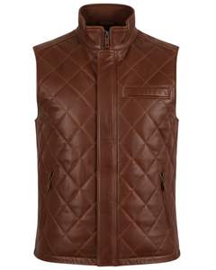<b>Men</b> Fashion Genuine Brown Leather Quilted <b>Vest</b> Stand Up Collar Zipper Closure and Front Pocket Motorcycle - Product Image 1