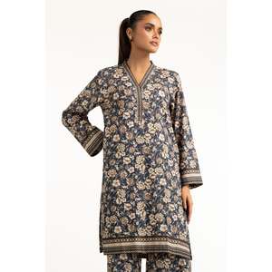 ชุดเซ็ตผ้าลอนพิมพ์ลายสีน้ำเงินกรมท่าสำหรับผู้หญิง เสื้อครอปเหนือเข่า สไตล์ลำลอง สองชิ้น เหมาะสำหรับฤดูใบไม้ผลิ/ฤดูร้อน ไซส์ 3XL - Product Image 1