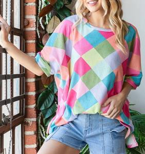 New Arrival High Rayon Women's Oversized <b>WAFFLE</b> T-Shirt Custom Color Block Print Loose Crew Neck XL Size Eco-Friendly Breathable - Product Image 4