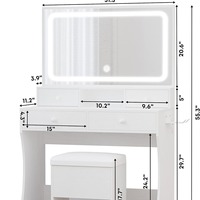 Coiffeuse de chambre minimaliste haut de gamme avec grand miroir LED, grand rangement à tiroirs et tabouret rembourré, blanche