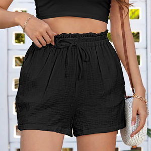 Pantalones cortos de algodón para mujer, cintura alta, pierna ancha, cordón, cintura elástica, ajuste holgado, volantes, pantalones cortos informales de verano con bolsillos - Product Image 1