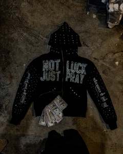 Nuevo ultra pesado 100% algodón francés Terry grueso Vintage desgastado Sun Faded Boxy Fit Zip up Rhinestone Hoodie - Product Image 4