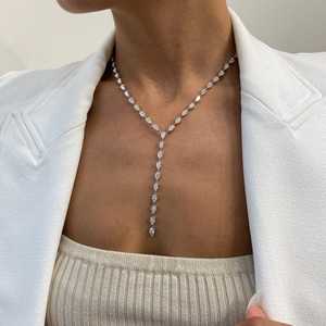 Timeless 14.82ct E VS1 Pear Cut Lab Grown Diamond Lariat <b>Necklace</b> 14K White Gold IGI Certified Gold Plated Elegant Unisex Gift - Product Image 1