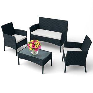 Ensemble <span class=keywords><strong>de</strong></span> patio extérieur 4 pièces avec 2 <span class=keywords><strong>chaises</strong></span> individuelles, canapé deux places, table basse en verre, coussins en rotin résistants aux intempéries <span class=keywords><strong>pour</strong></span> meubles <span class=keywords><strong>de</strong></span> <span class=keywords><strong>jardin</strong></span> - Product Image 1